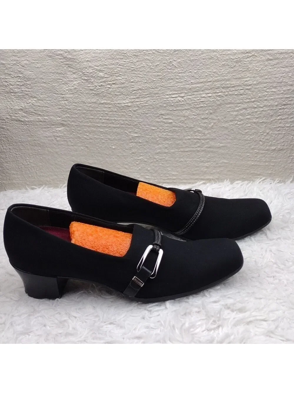 Munro Proper Size Black Fabric Buckle Detail Upper Square Toe Low Heel Shoe